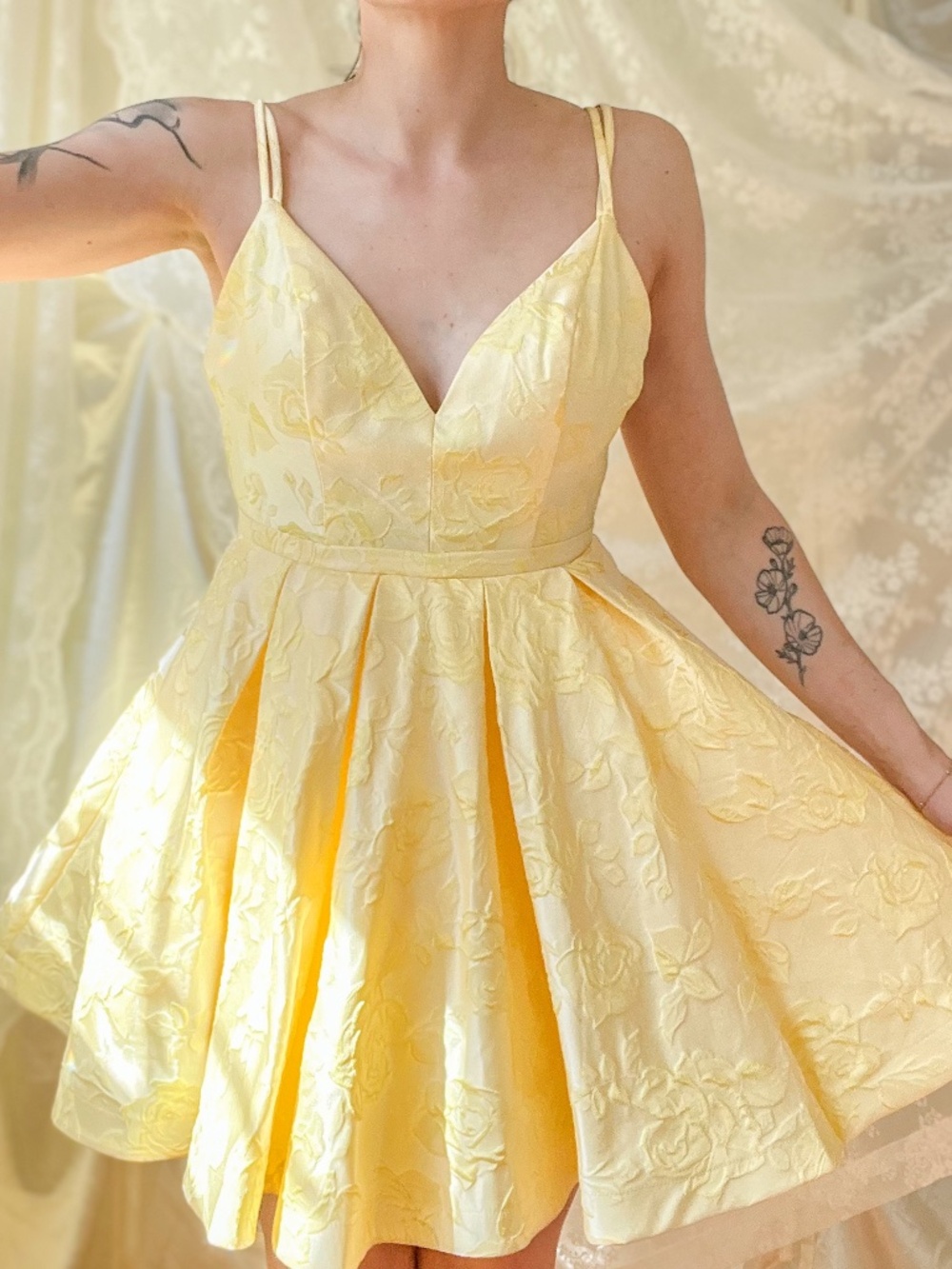 Sherri Hill Butter Yellow Floral Jacquard Fit & Flare Mini Dress